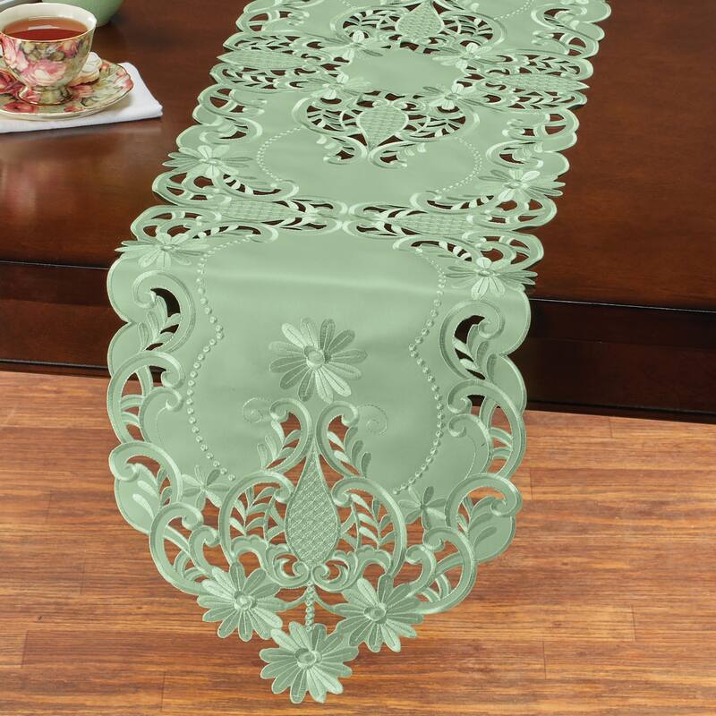 Elegant Embroidered Daisies Intricate Cut-Out Table Linens - Sage - Runner