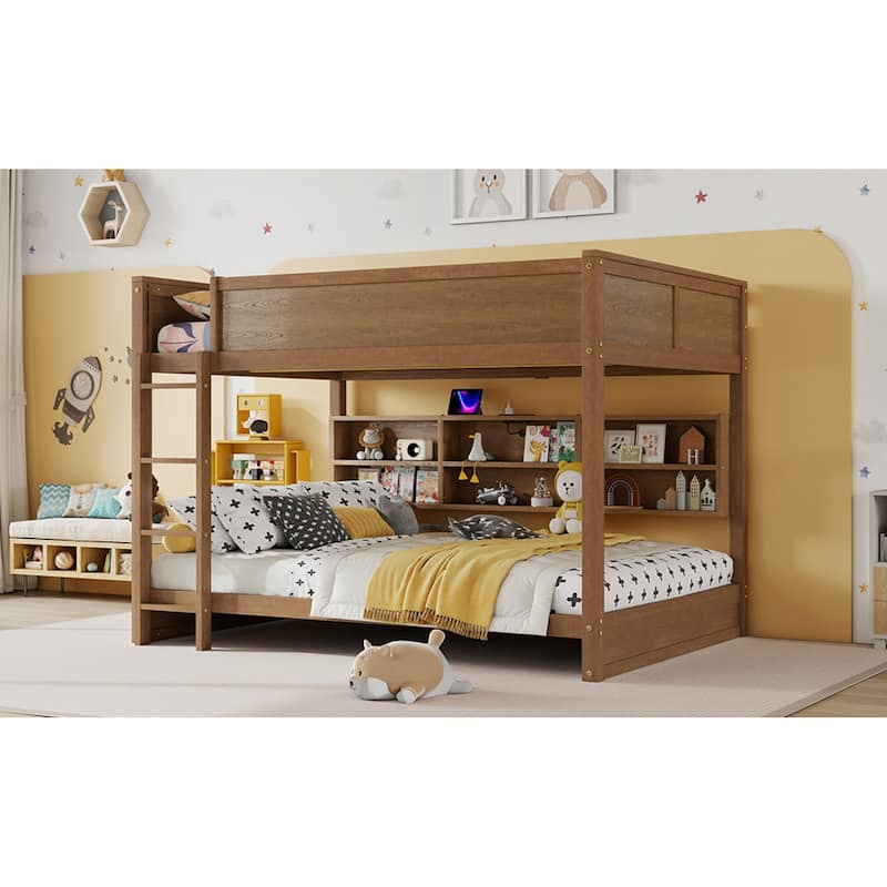 Roomfitters Queen Over Queen Bunk Bed with Storage Cabinets & Charging Station, Solid Pine Wood with Ladder & Guardrails, Wheat