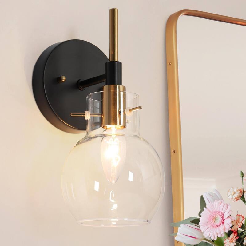 Isha Modern Black Gold 1-Light Bathroom Wall Sconce with Globe Glass - 5" L x 6" W x 10.5" H