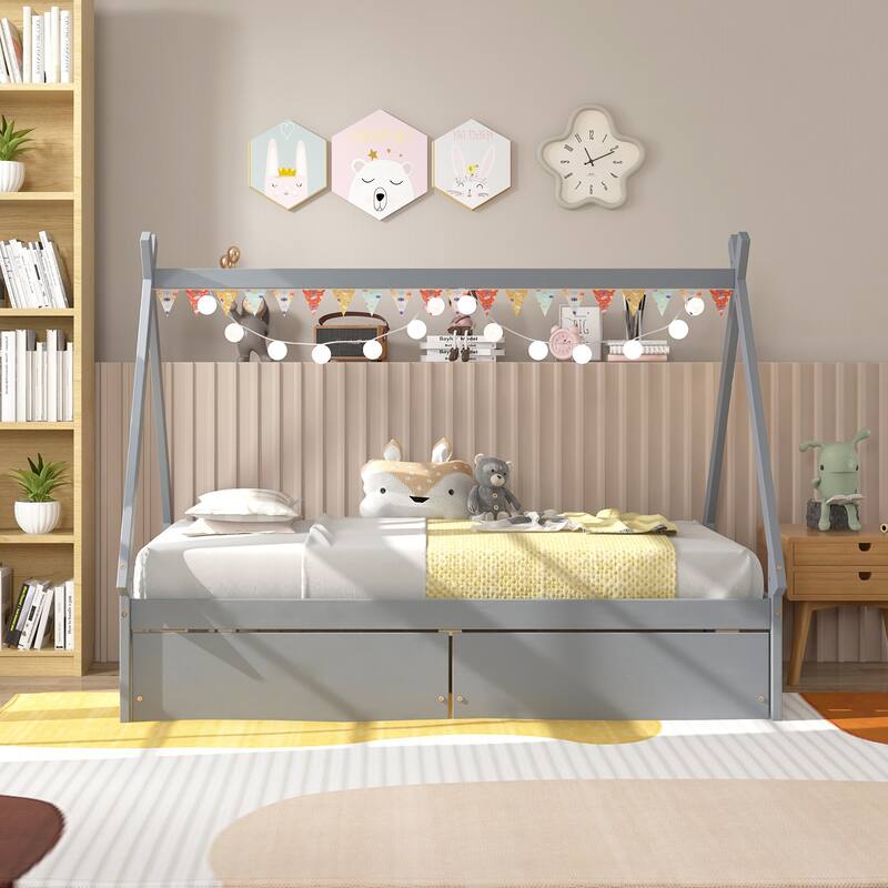 Kids Twin Size Wooden House-Shaped Platform Bed with Storage Drawers for Boys and Girls
