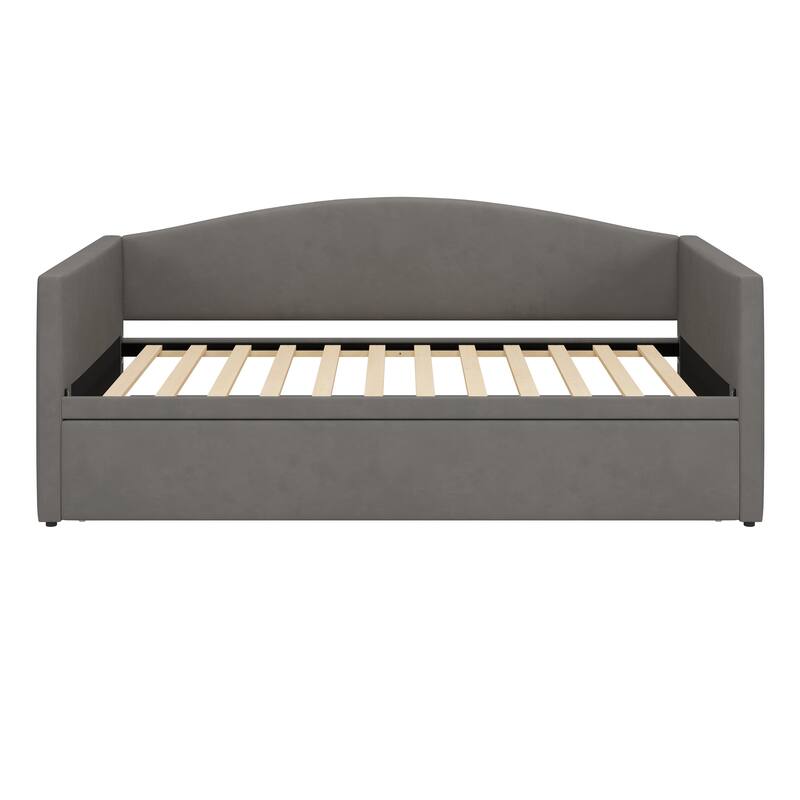 Velvet Upholstered Daybed Twin Size Sofa Bed with Extended Pop Up Trundle and Curved Backrest, Space-Saving Twin to King Design