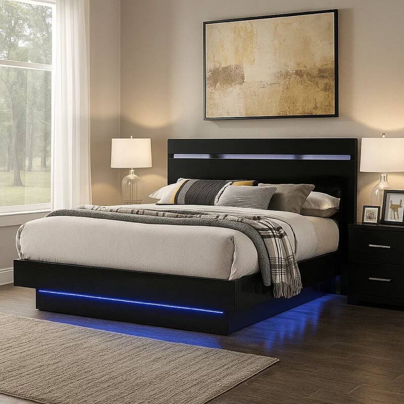 Pero King Size Bed w Silver Trimmed Headboard, LED Footboard, Black