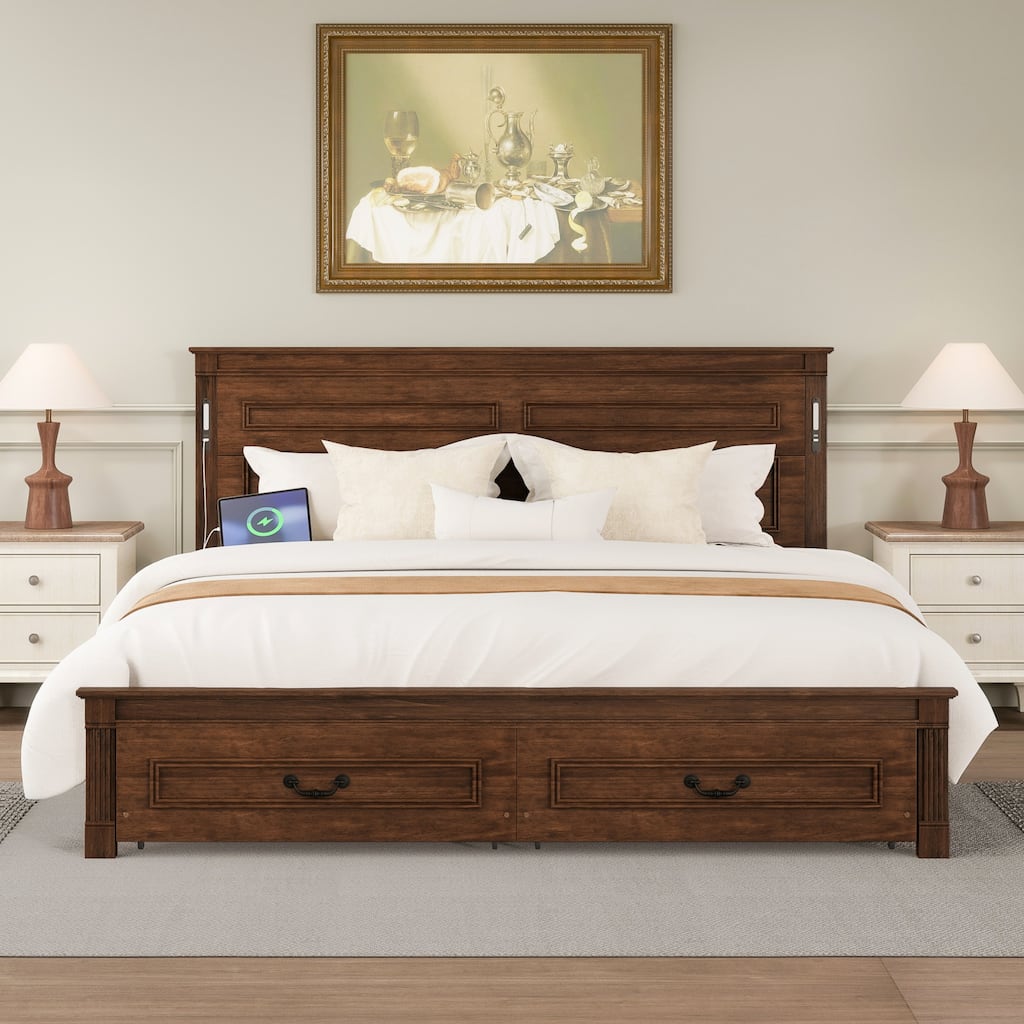 GDFStudio Asher Vaughn Farmhouse Bed with Two Drawers, LED Lighting, and USB Charging Station