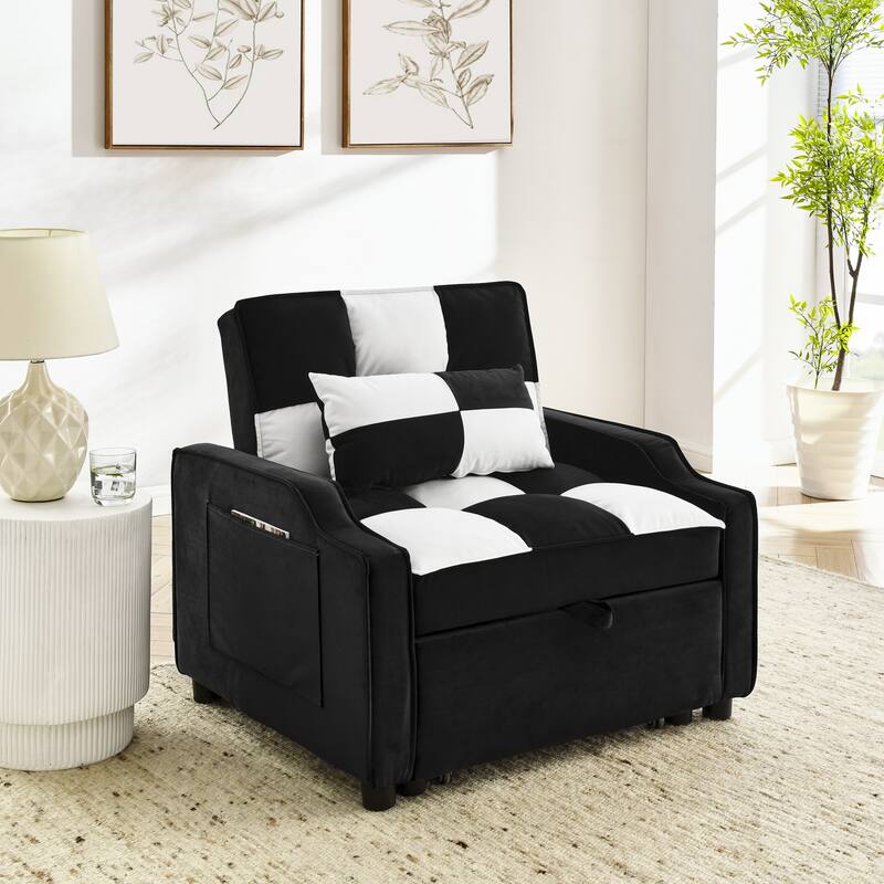 Black White Velvet Convertible Single Sleeper Sofa with Pull-out Bed
