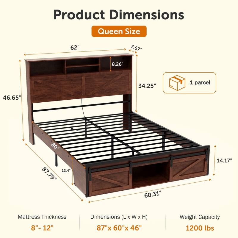 Brown Platform Bed Frame with Charging Station and LED Lights, Open Bookcase Headboard, Sliding Barn Door Storage at the Foot