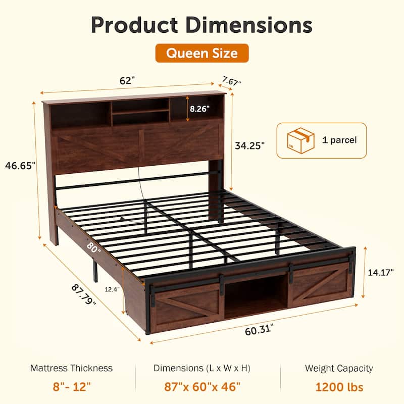 Farmhouse Storage Bed Frame with Storage Headboard, Charging Station and LED Lights, Optional Platform Bed with Drawers