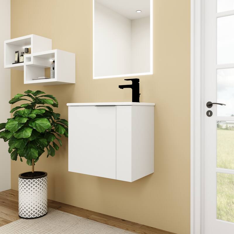 Contemporary Bathroom Vanity with Ceramic Vessel Sink, Soft-Closing Doors, Matte Black Pull Handle - 22in L Plywood