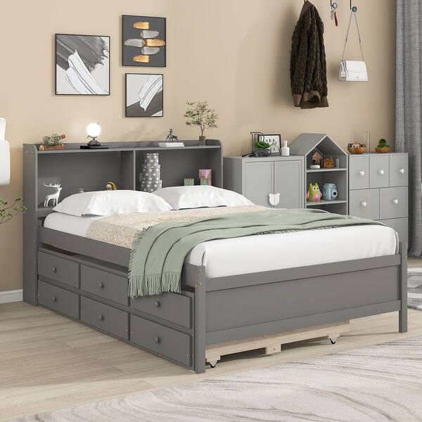 slide 2 of 8, Grey Full Size Pine Wood Platform Bed with Storage Headboard, Twin Trundle, and 3 Drawers