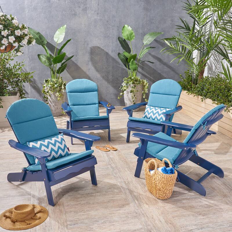 Malibu Outdoor Acacia Wood Folding Adirondack Chairs with Cushions (Set of 4) by Christopher Knight Home - Navy Blue+Dark Teal Cushion