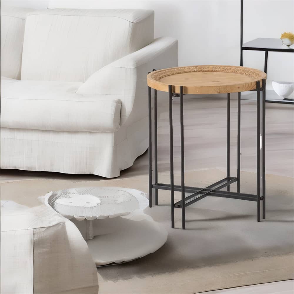 Round Side Table with Wood Top, End Table for Living Room Bedroom