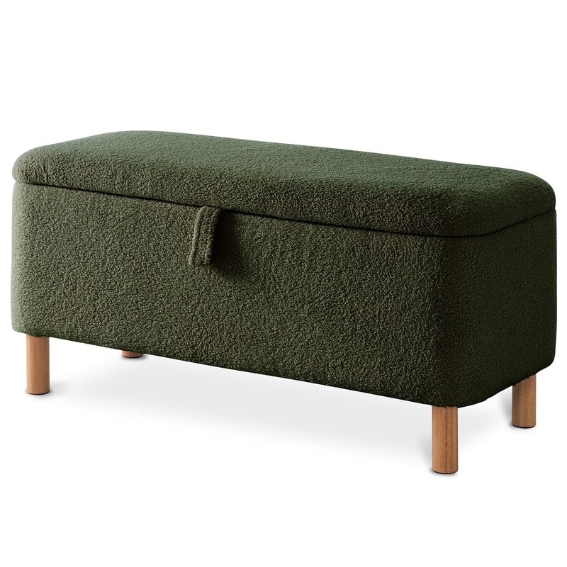 39.5" Off White Boucle Storage Ottoman Bench Sherpa Storage Bench Ottoman Foot Rest End of Bed for Living Room Bedroom,Wood Leg - 39.5" - Green