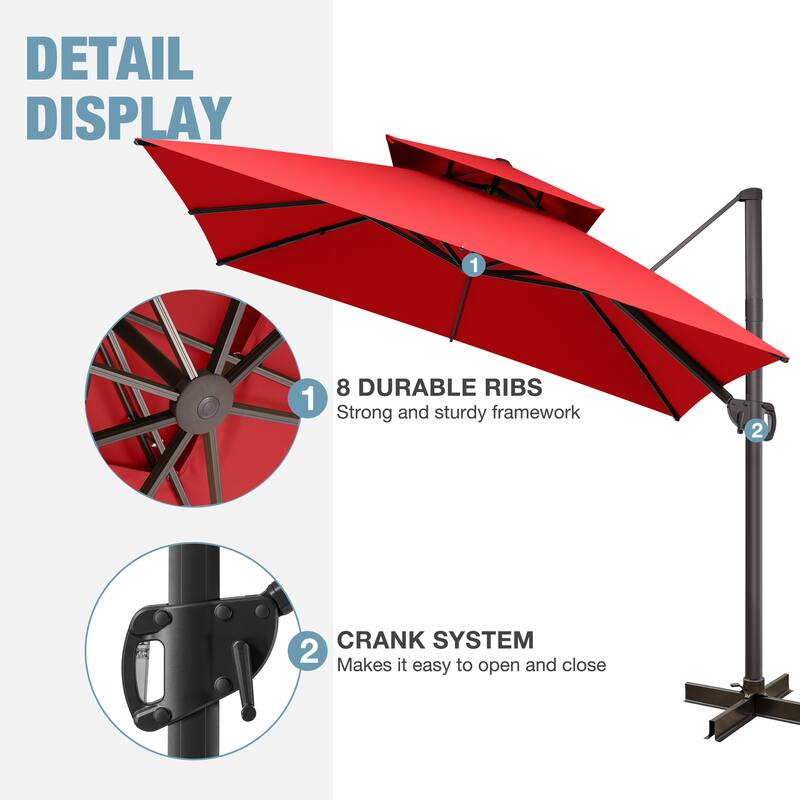 VredHom Double Top 10x10 FT Square Patio Cantilever Umbrella with Weight Base