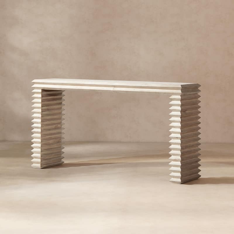 Jennifer Taylor Home Veda 63" Reclaimed Wood Stacked Geometric Waterfall Console Table, Whitewashed Natural Reclaimed Pine Wood