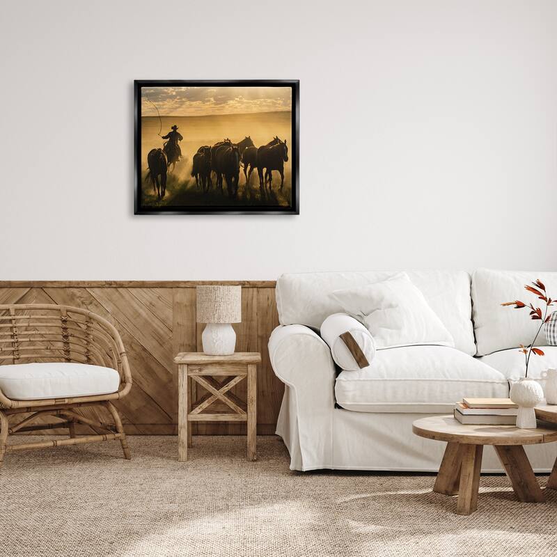 Stupell Cowboy & Horses at Sunset Framed Floater Canvas Wall Art Design by PBurchettePhoto