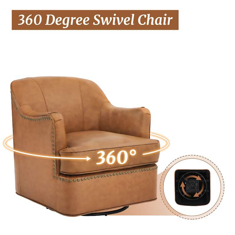 Modern Genuine Leather 360° Swivel Upholstered Accent Barrel Chair with Metal Base for Living Room