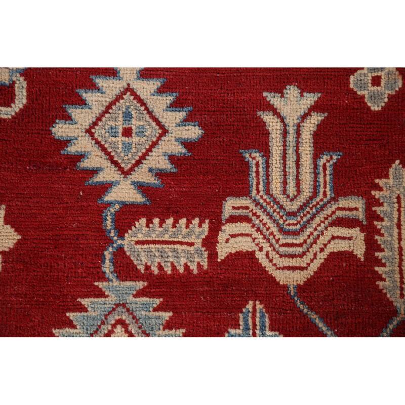 Red Geometric Kazak Living Room Area Rug Hand-Knotted Wool Carpet - 6'7" x 10'1"