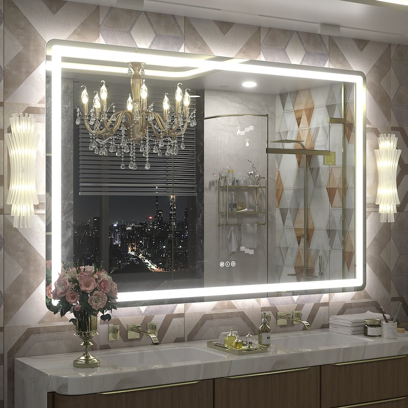 UL Certified Frameless LED Front Light and Backlit Wall Bathroom Vanity Mirror - 55" x 36" - Clear-Rounded Corner