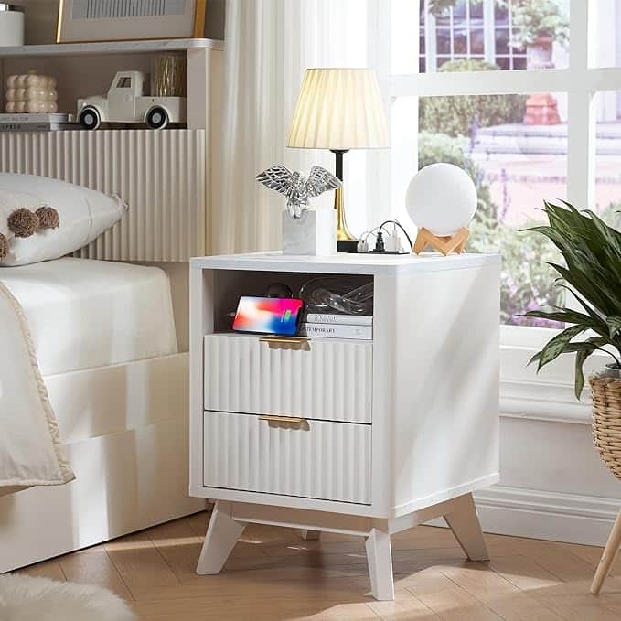 Modern Fluted Nightstand with Faux Marble Top, Side Table, End Table