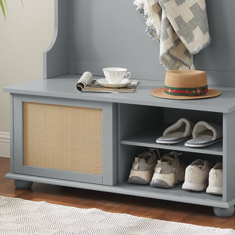 Clothes Hanger Hall Tree Storage Bench Shoe Rack with Rattan Door for Entryway