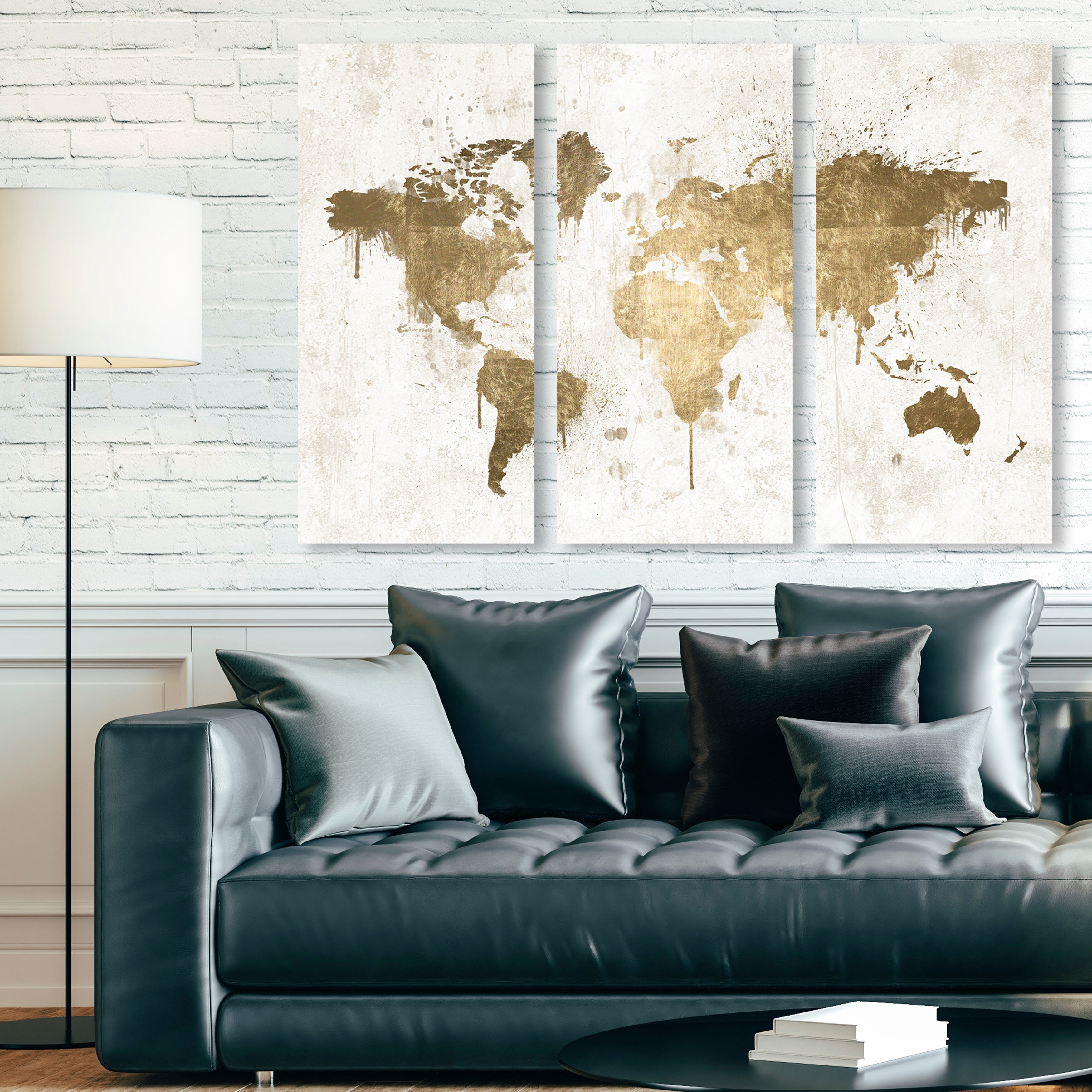 Oliver Gal 'Mapamundi White Gold Triptych' Maps and Flags Wall Art