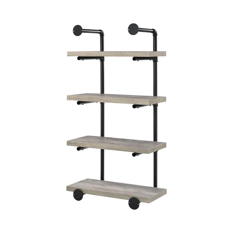 24 Inches 4 Tier Wood and Metal Wall Shelf, Gray and Black