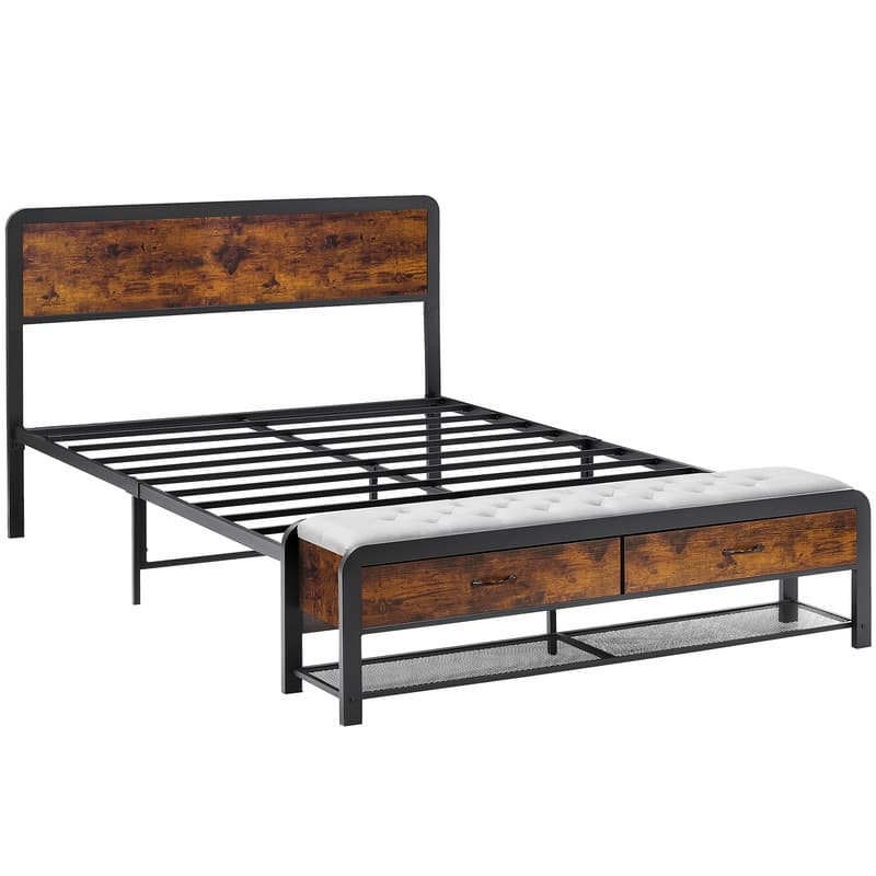 Wooden bed with drawers at the end of the bed