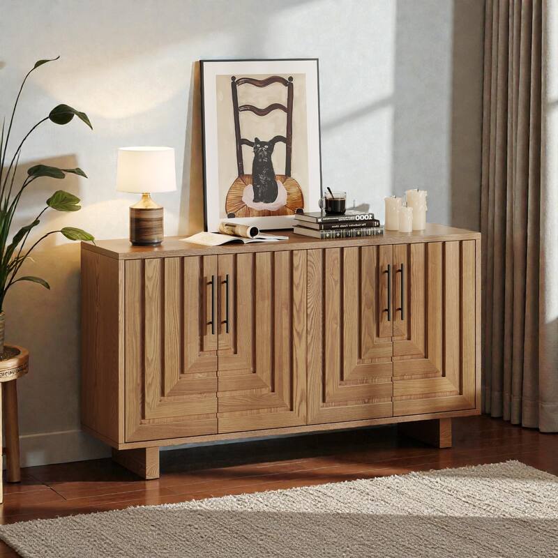 59'' Modern Black Sideboard Buffet Cabinet with 4 Doors, MDF & Ash Veneer Storage Console with Metal Handles - Natural