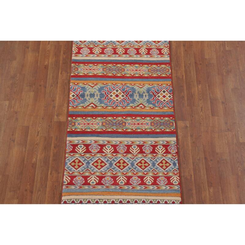 Hand Knotted Oriental 100% Wool Carpet Traditional All-Over Multi-Colored Kazak Runner Rug - 13' 11'' X 2' 6''