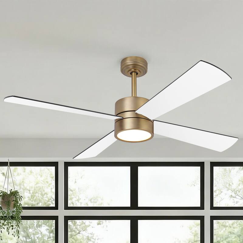52-inch Natural Brass Plywood Indoor Downrod Mount Ceiling Fan with Integrated LED and Remote Control