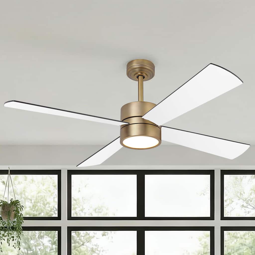 52-inch Natural Brass Plywood Indoor Downrod Mount Ceiling Fan with Integrated LED and Remote Control