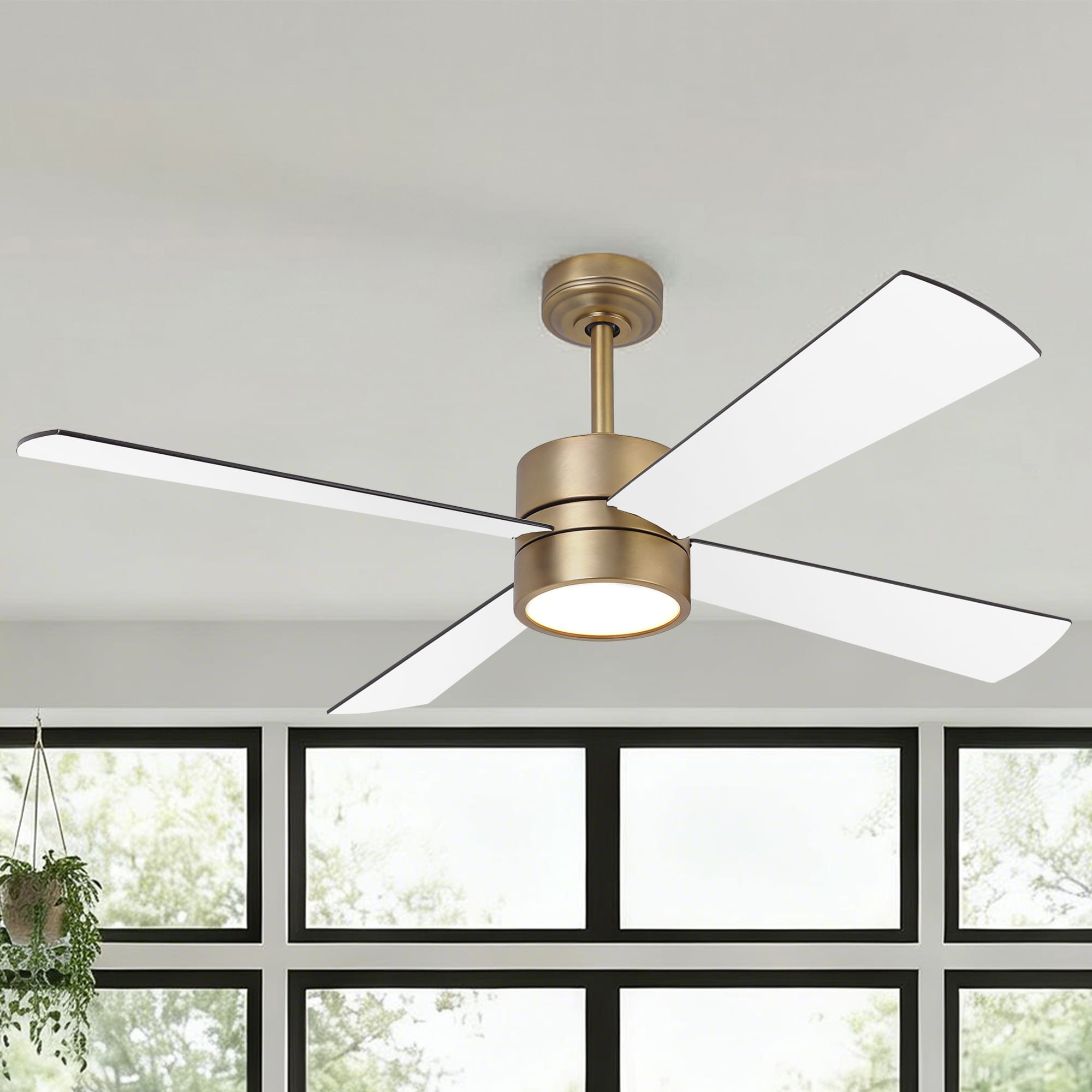 52-inch Natural Brass Plywood Indoor Downrod Mount Ceiling Fan with Integrated LED and Remote Control - Remote & App Control