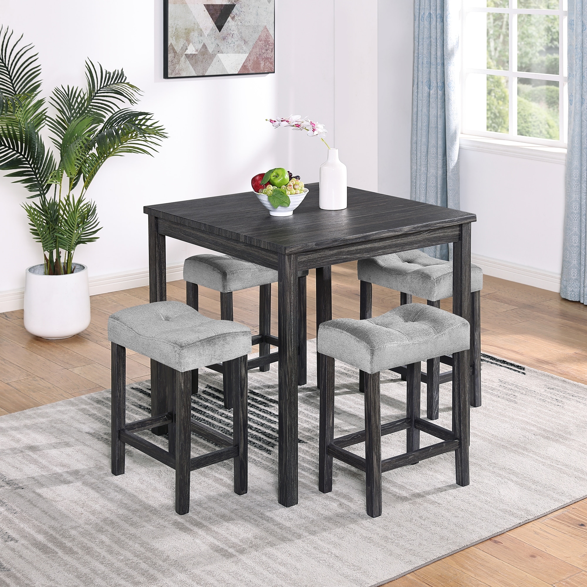Industrial 5-Piece Wooden Dining Table Set with Square Bar Table & 4 Stools