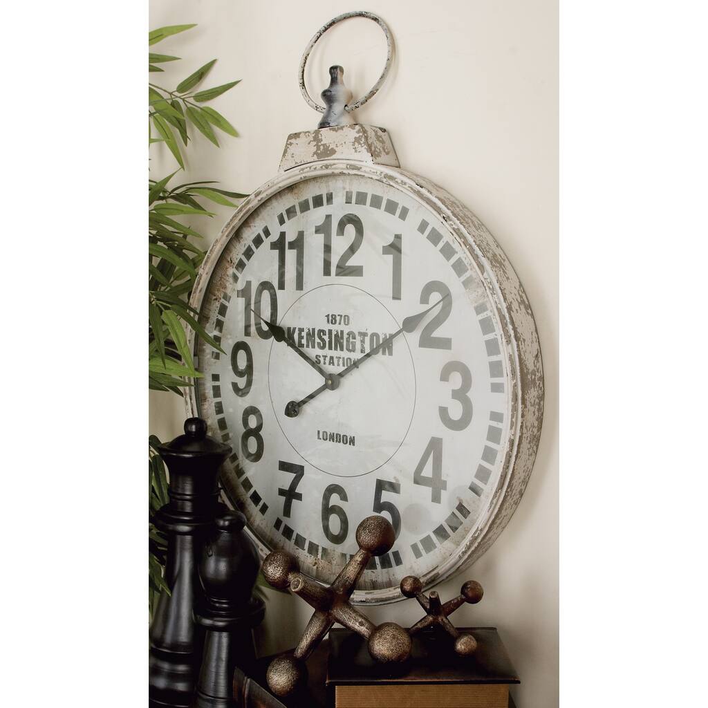 White Metal Distressed Pocket Watch Inspired Decorative Wall Clock with Black Accents