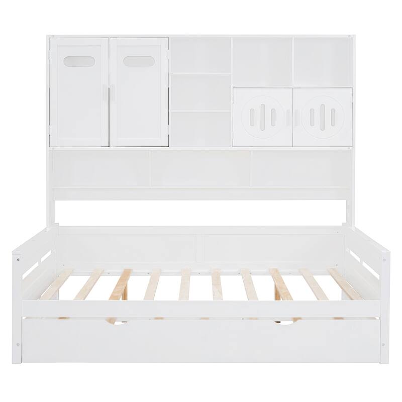 Space-Saving Full Size Daybed with Twin Trundle, Wooden Platform Bed Frame with All-in-One Cabinet & Shelf, No Box Spring Needed