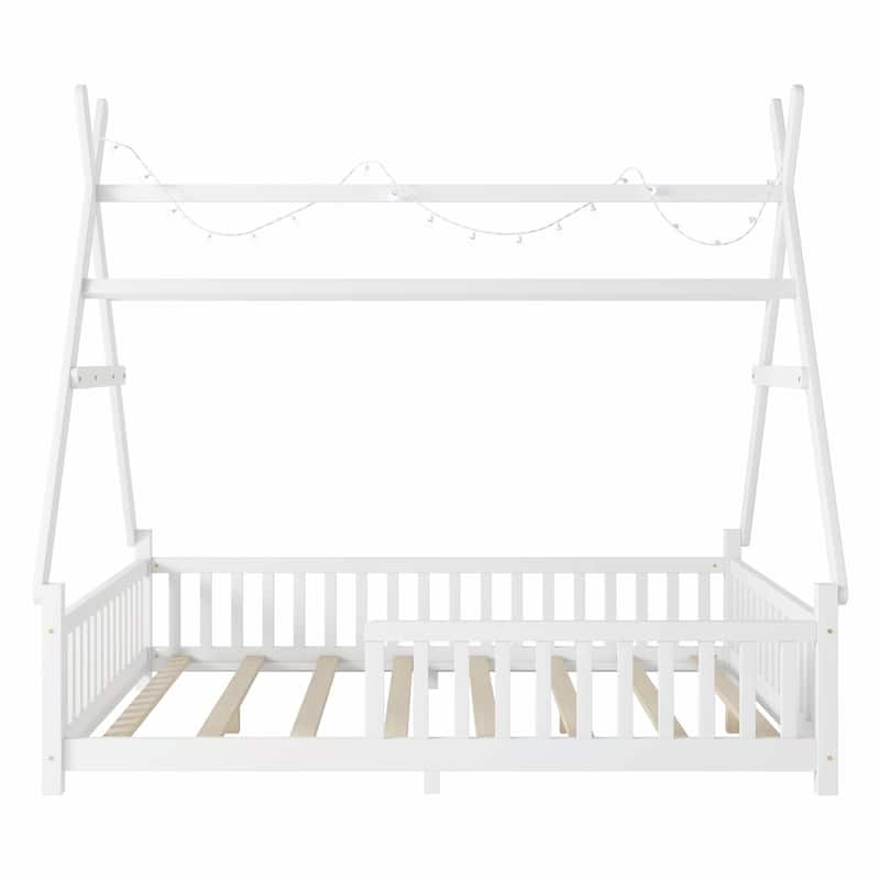 House Bed with Light, Low Floor House Bed with Fence and Roof
