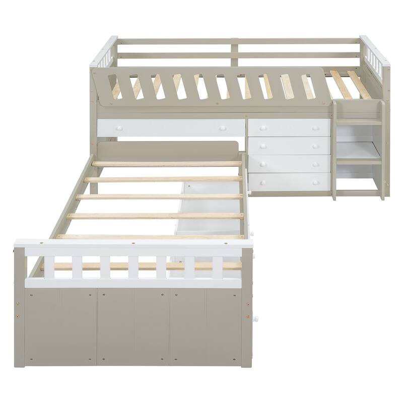 L-shaped Space-Saving Twin Loft and Twin Platform Bed with 7 Drawers