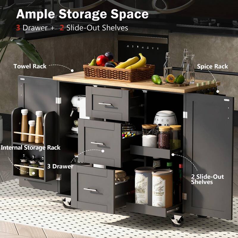 Rolling Kitchen Island with Rubber Wood Top, Drawers, Shelves, Internal Storage, Wheels, Spice & Towel Racks