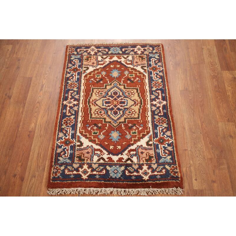 Hand Knotted Oriental 100% Wool Carpet Traditional Medallion Oranges & Rust Heriz (serapi) Area Rug - 3' 0'' X 2' 0''
