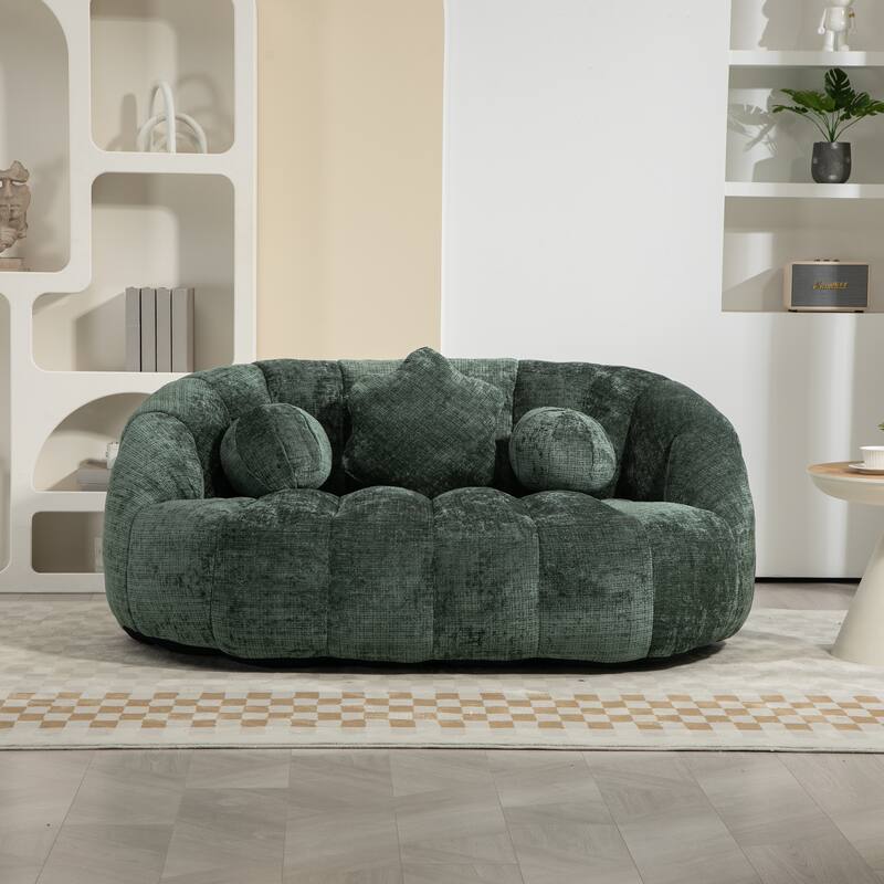 Chenille Upholstered Bean Bag Chair, Lazy Floor Sofa with Foam Filler, Fluffy Bean Bag Sofa with 3 Pillows & High Backrest