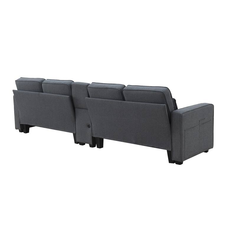 Modern 4-Seat Sofa with Storage Console, 2 Cupholders & USB Charging