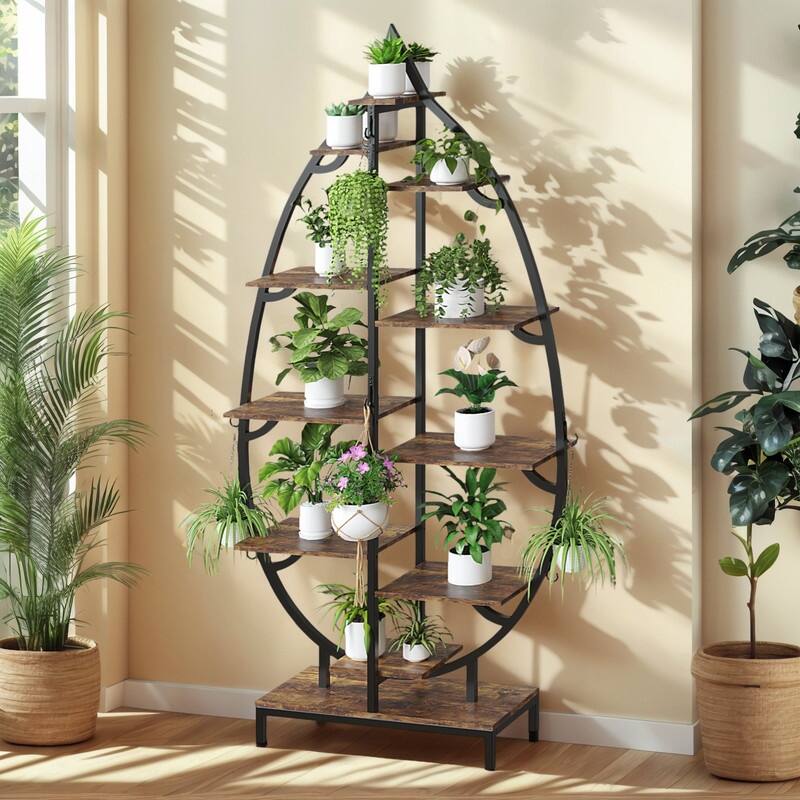 Leaf Shape Ironwood Plant Stand with Plant Grow Lights - Black