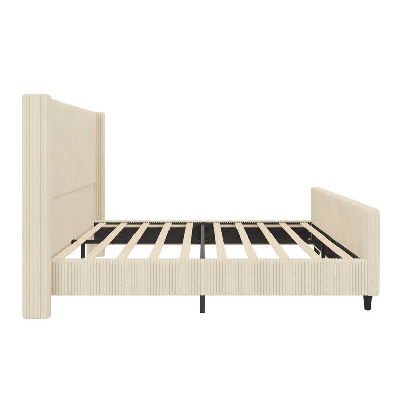 Queen Size Cream Corduroy Upholstered Bed Frame with Wingback Headboard and High Footboard, No Box Spring Needed