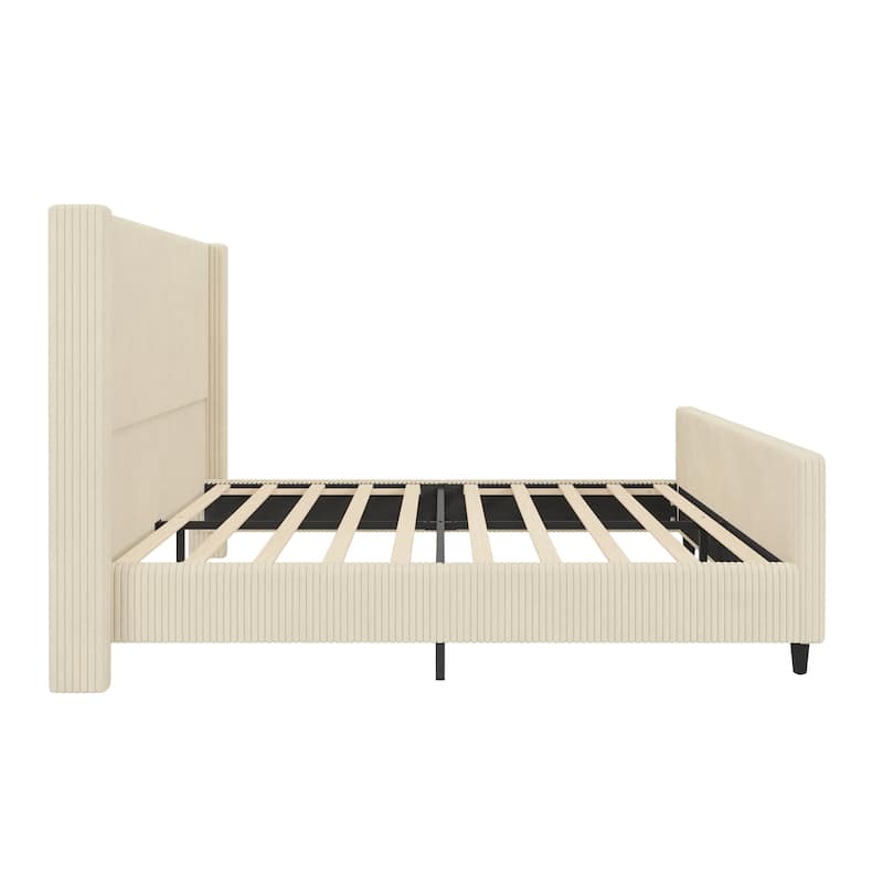 Roomfitters Queen/King Size Corduroy Upholstered Bed Frame with 50.7'' Wingback Headboard, Vertical Stripes and High Footboard