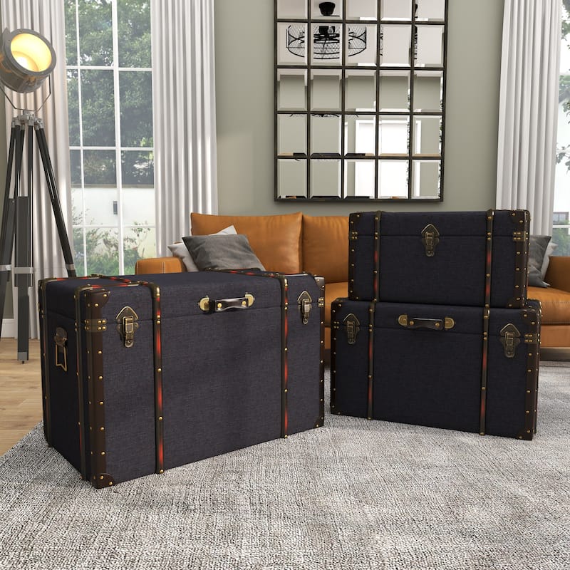 Linen Fabric Nesting Upholstered Decorative Trunk with Buckle Hinged Top - Set of 3 Blue - Roche River Decor