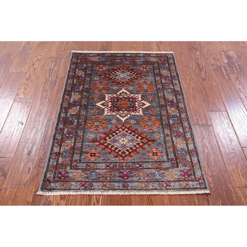 Golden Nile Grey Super Kazak Handmade Wool Rug - 2' 9" X 4' 0"