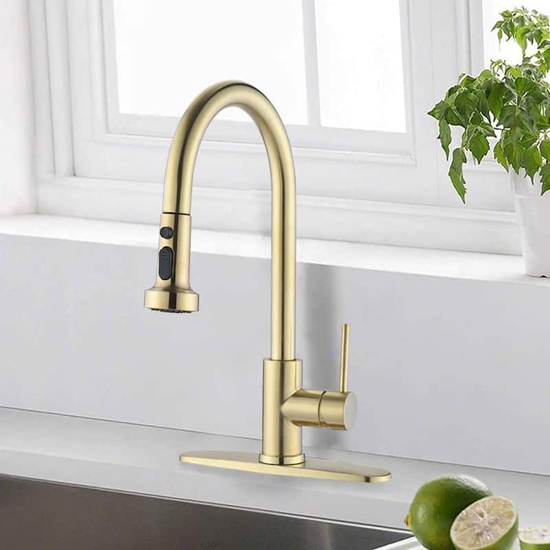 Pull Down Kitchen Sink Faucet With Sprayer Single Handle Kitchen Faucet Stainless Steel One Hole Modern Basin Vanity Taps - Brushed Gold