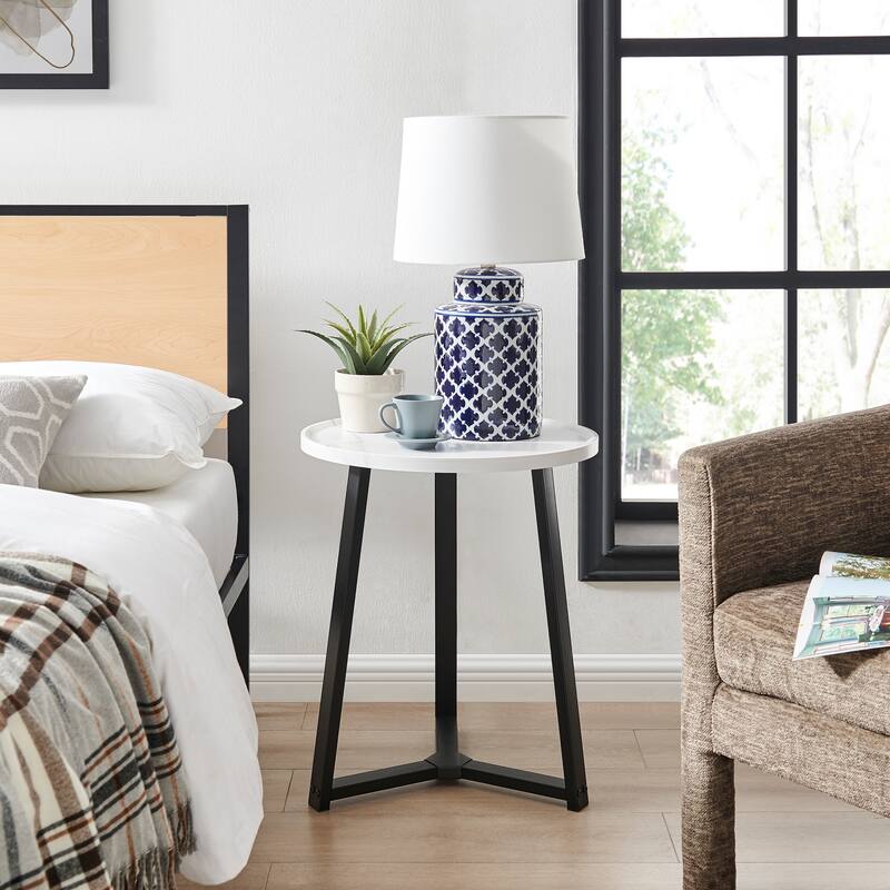 Harper Round Raised Lip Edge Side Accent Table with Mid-century Modern Crossed Metal Bold Pedestal Legs