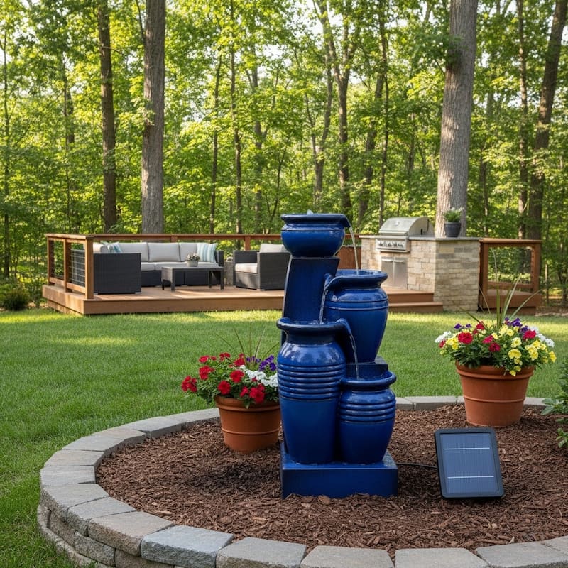 Teamson Home 28.74" 4-Tier Outdoor Fountain with LED Lights, Solar Powered, Weather-Resistant Faux Stone for Garden & Patio