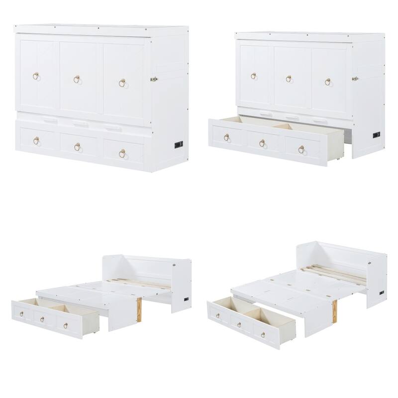 Full Size Wood Murphy Bed with USB Port Module and Drawer