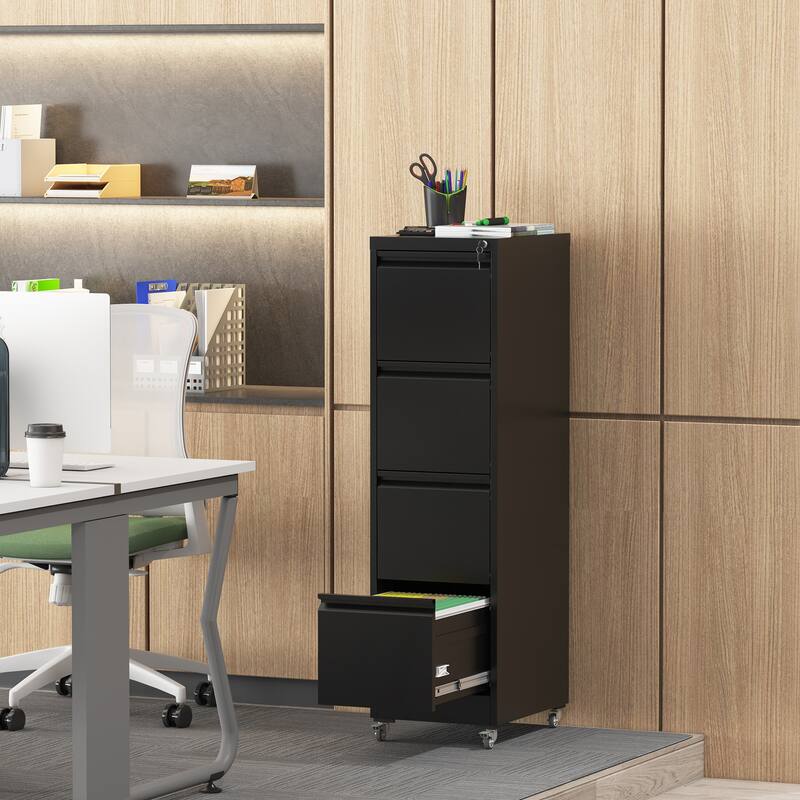 Metal Lockable File Cabinet with 4 Drawer and Wheels for Home Office - Black